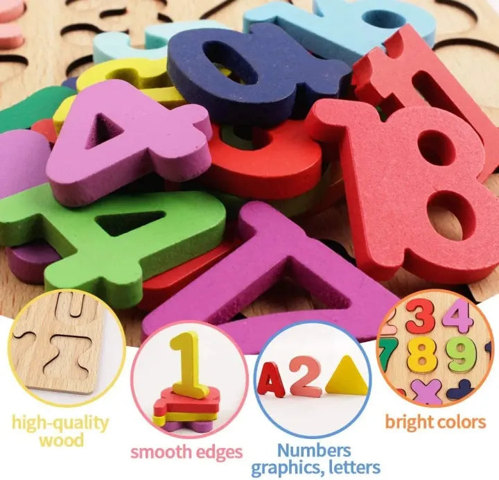 Wooden Alphabet | Puzzles & Numbers Count Board, Colorful ABC Uppercase Letters/Numbers/Shapes for Kids Toddlers Preschool Early Learning Educational Toys (Pack of 3)