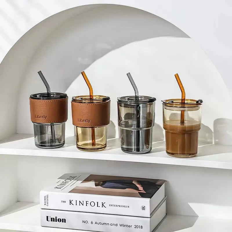 Beautiful Heat-Resistant Drinking Glass Cup With Straw, Lid Cover and Protected Sleeve for Tea, Coffee and Iced Latte - 350ml