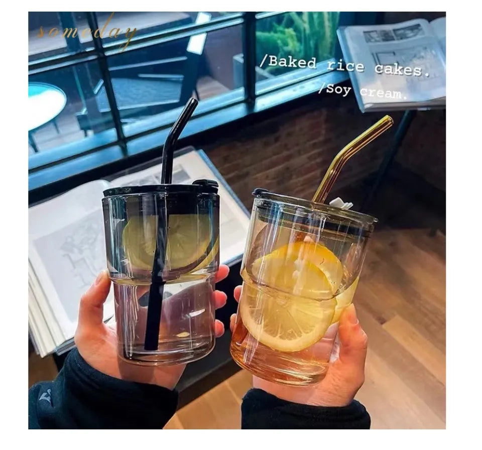 Beautiful Heat-Resistant Drinking Glass Cup With Straw, Lid Cover and Protected Sleeve for Tea, Coffee and Iced Latte - 350ml