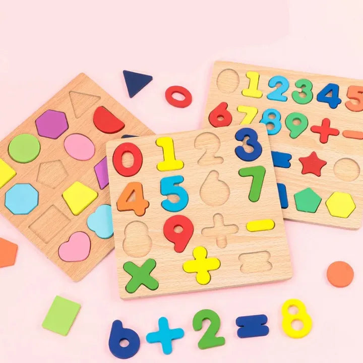 Wooden Alphabet | Puzzles & Numbers Count Board, Colorful ABC Uppercase Letters/Numbers/Shapes for Kids Toddlers Preschool Early Learning Educational Toys (Pack of 3)