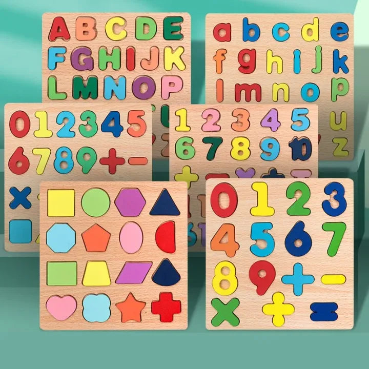 Wooden Alphabet | Puzzles & Numbers Count Board, Colorful ABC Uppercase Letters/Numbers/Shapes for Kids Toddlers Preschool Early Learning Educational Toys (Pack of 3)