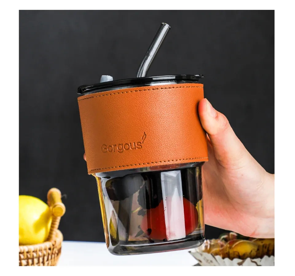 Beautiful Heat-Resistant Drinking Glass Cup With Straw, Lid Cover and Protected Sleeve for Tea, Coffee and Iced Latte - 350ml