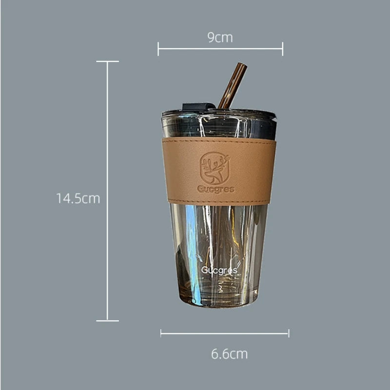 Creative Glass Coffee Cup with Lid Heat Resistant Tea Cups Mug with Straw 450ml