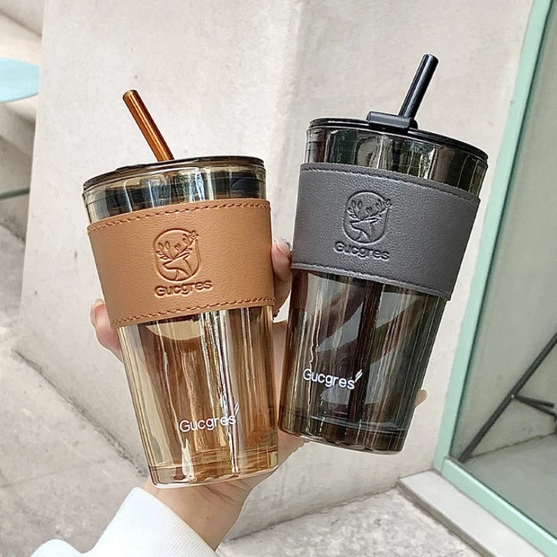 Creative Glass Coffee Cup with Lid Heat Resistant Tea Cups Mug with Straw 450ml