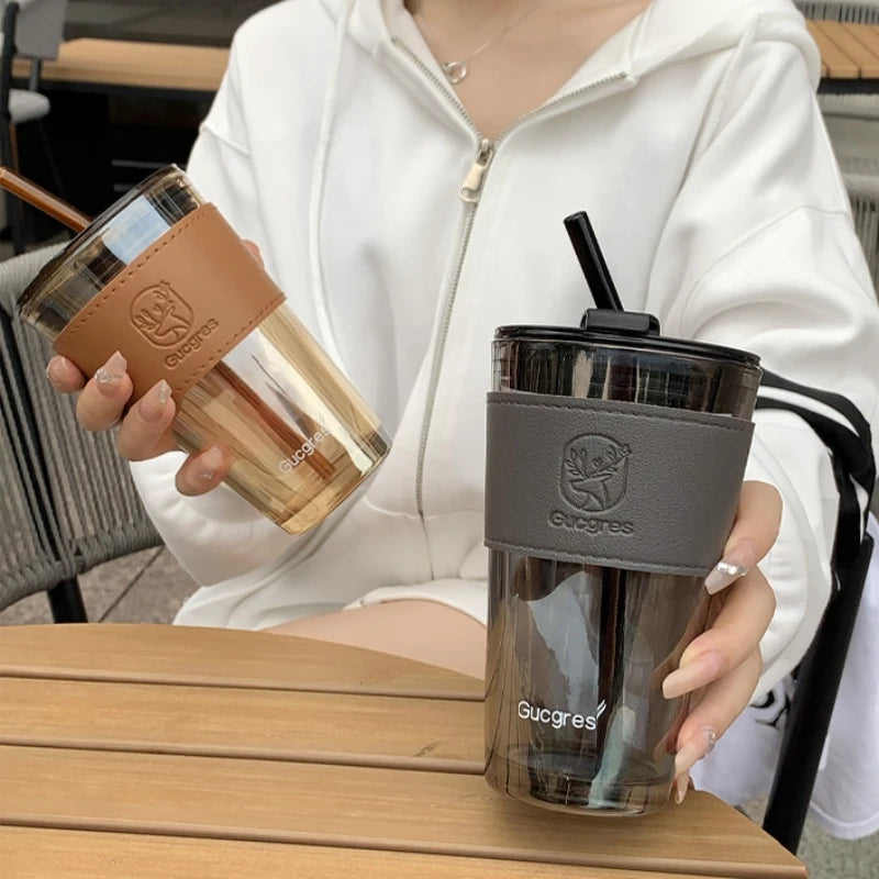 Creative Glass Coffee Cup with Lid Heat Resistant Tea Cups Mug with Straw 450ml