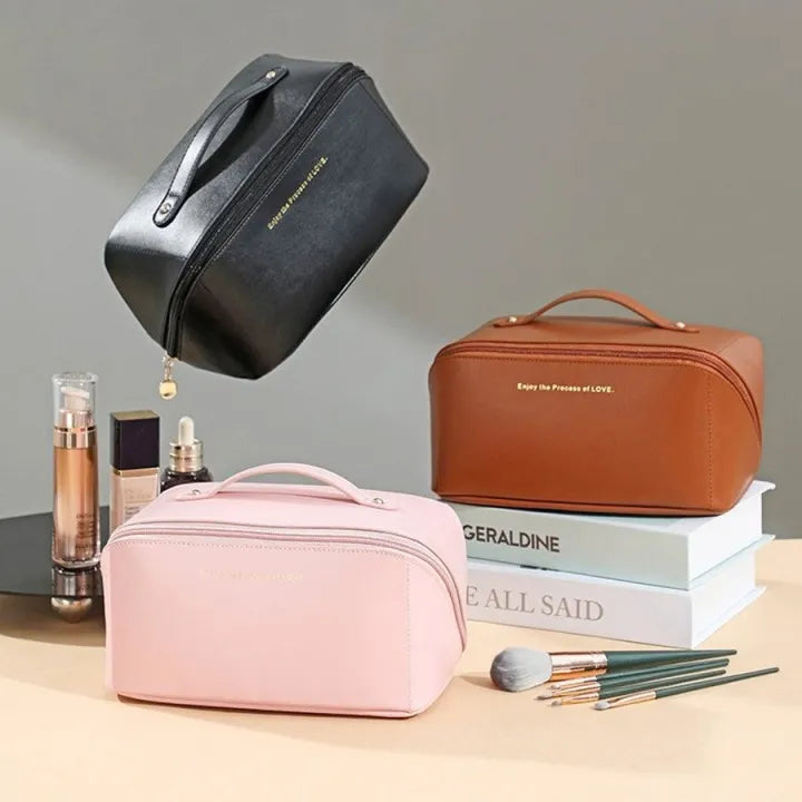 Travel Cosmetic Bag For Women Leather Makeup Organizer Female Toiletry Kit